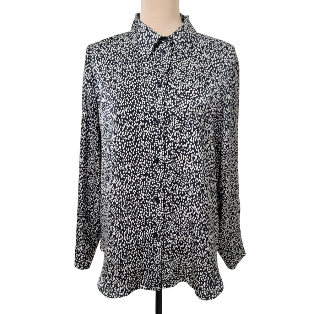 H&M Size M Black with Ditzy White Abstract Spots Satin Button Front Shirt